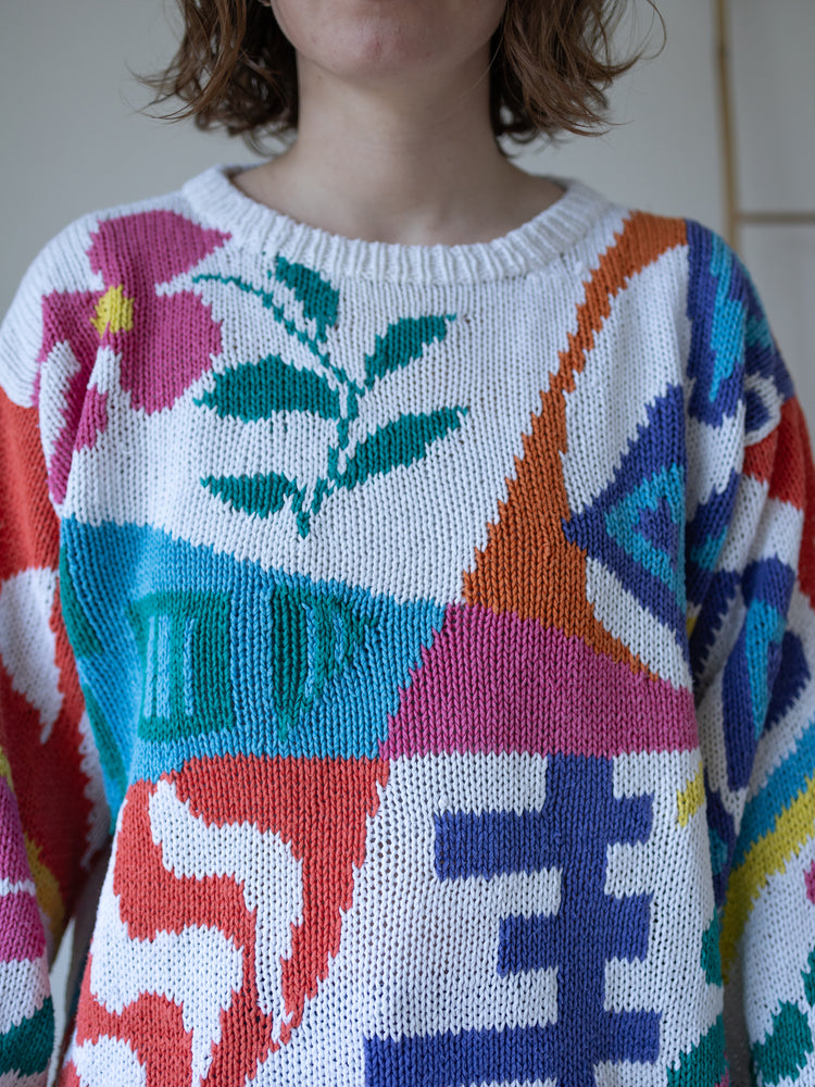 80s Abstract Floral Cotton Jumper - XL
