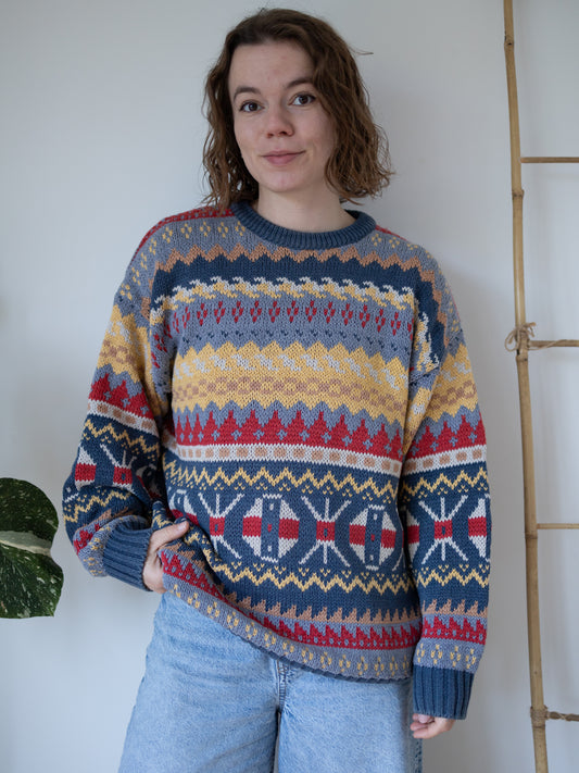 80s Folk Patterned Cotton Jumper - L