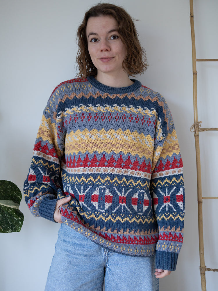 80s Folk Patterned Cotton Jumper - L