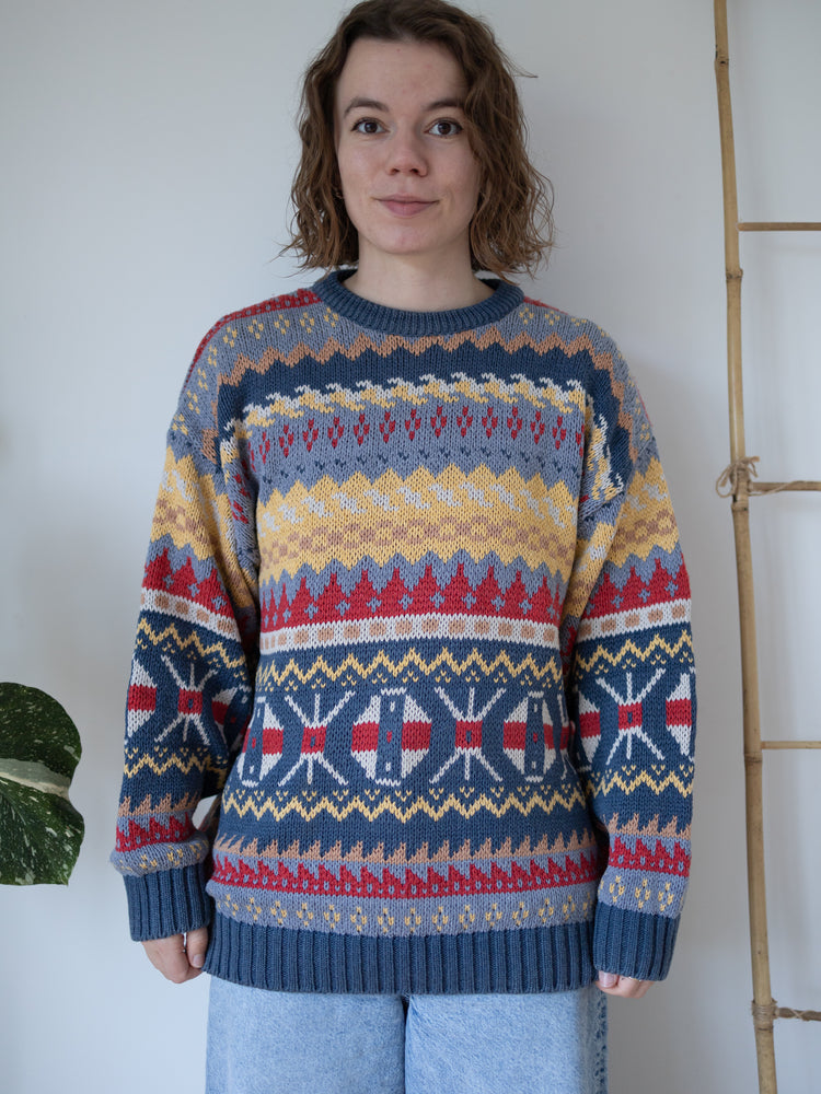 80s Folk Patterned Cotton Jumper - L