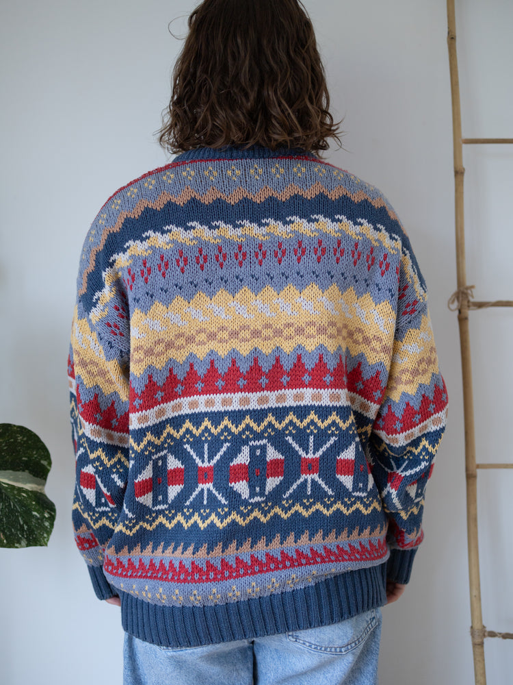 80s Folk Patterned Cotton Jumper - L