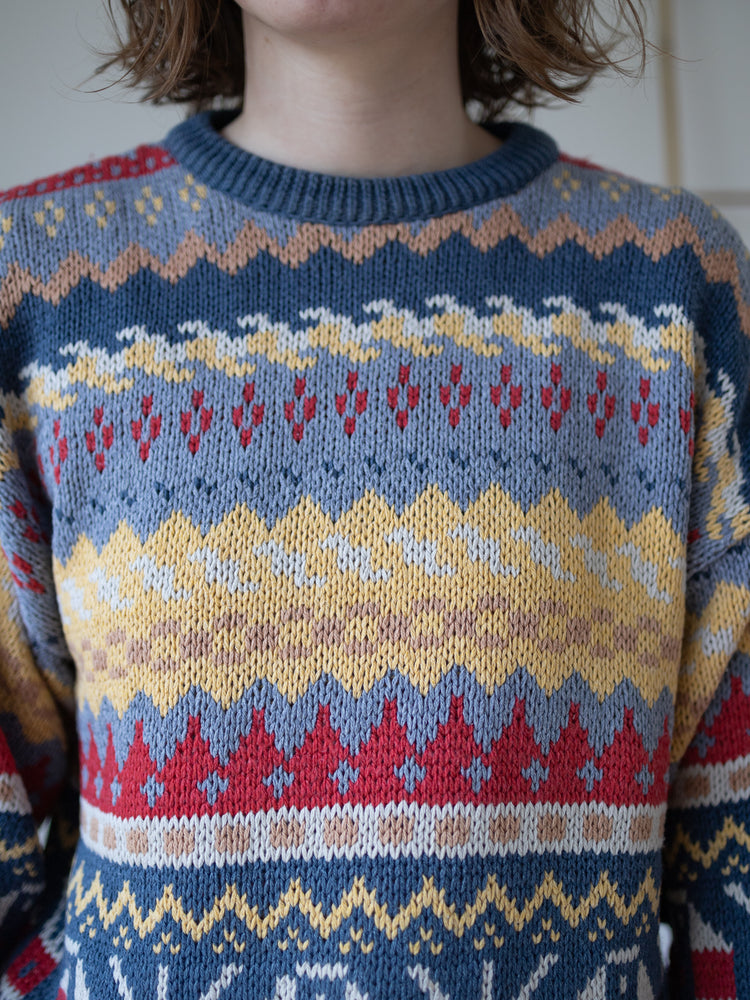 80s Folk Patterned Cotton Jumper - L