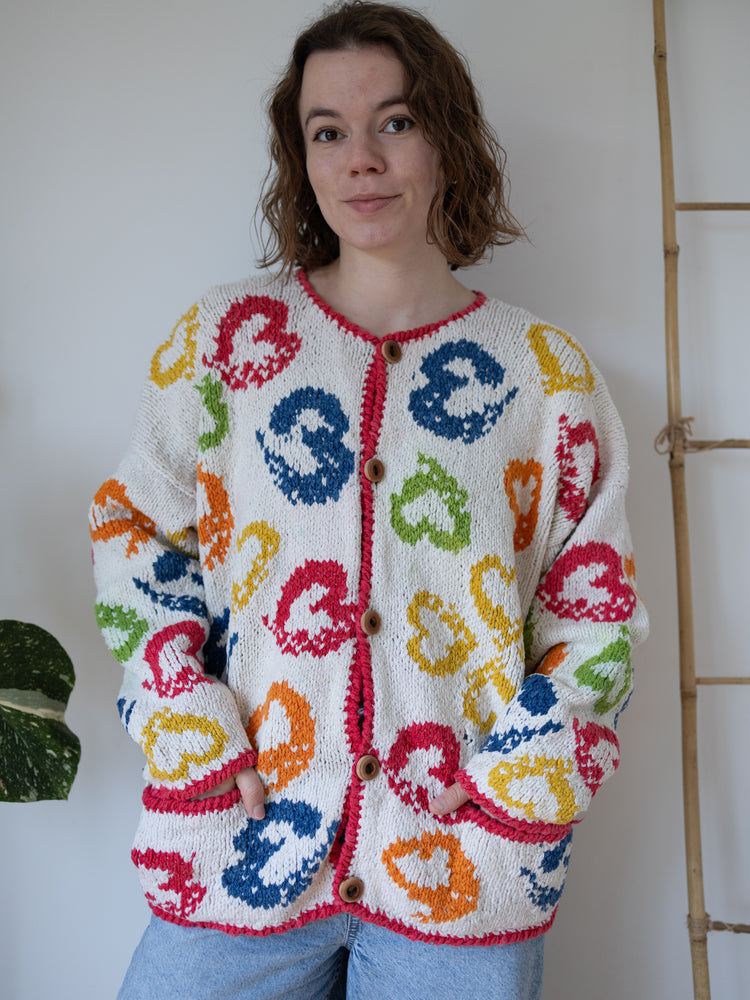90s Amano Colourful Heart Cardigan - XL