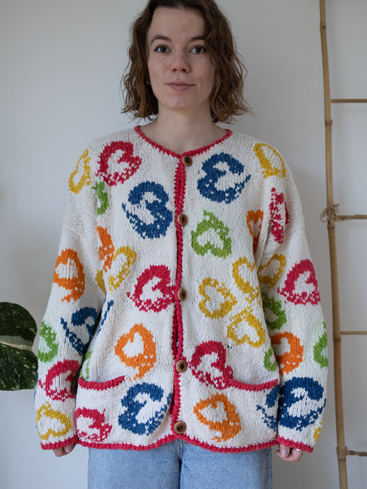 90s Amano Colourful Heart Cardigan - XL