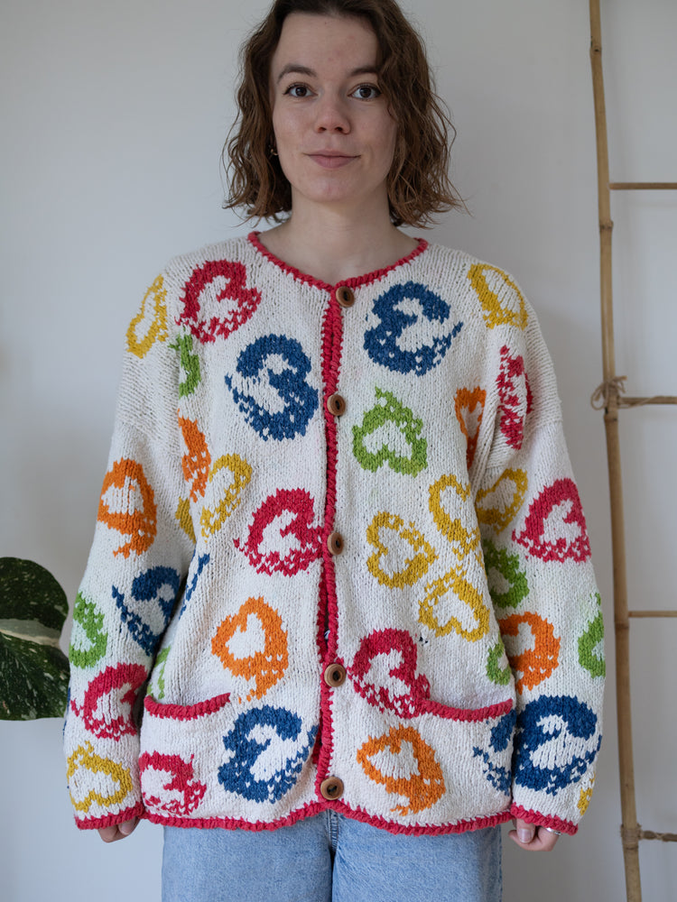 90s Amano Colourful Heart Cardigan - XL