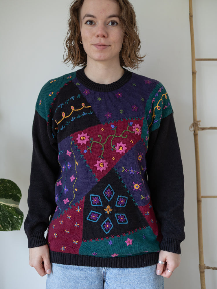 90s Tulchan Black Embroidered Patchwork Jumper - M