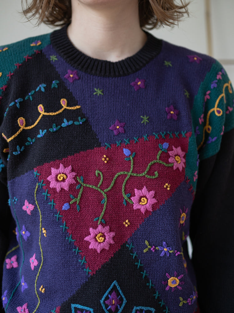 90s Tulchan Black Embroidered Patchwork Jumper - M