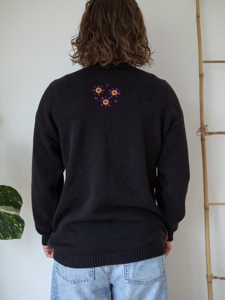 90s Tulchan Black Embroidered Patchwork Jumper - M