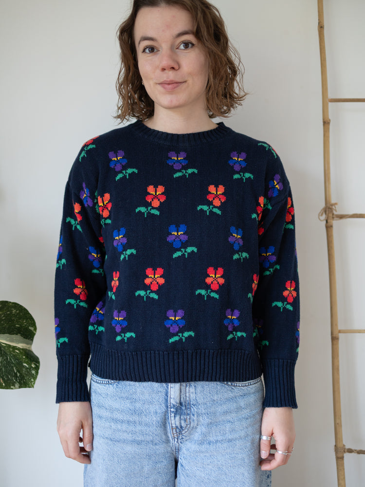 90s Tulchan Navy Pansy Cotton Jumper - S