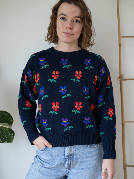 90s Tulchan Navy Pansy Cotton Jumper - S