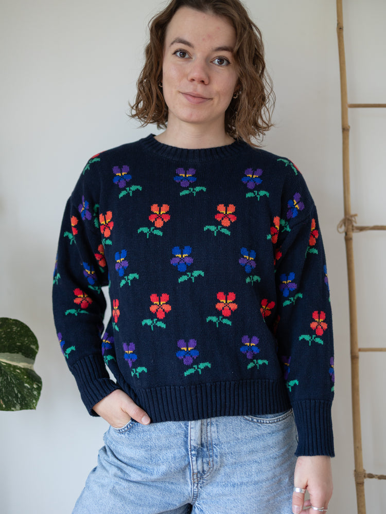 90s Tulchan Navy Pansy Cotton Jumper - S
