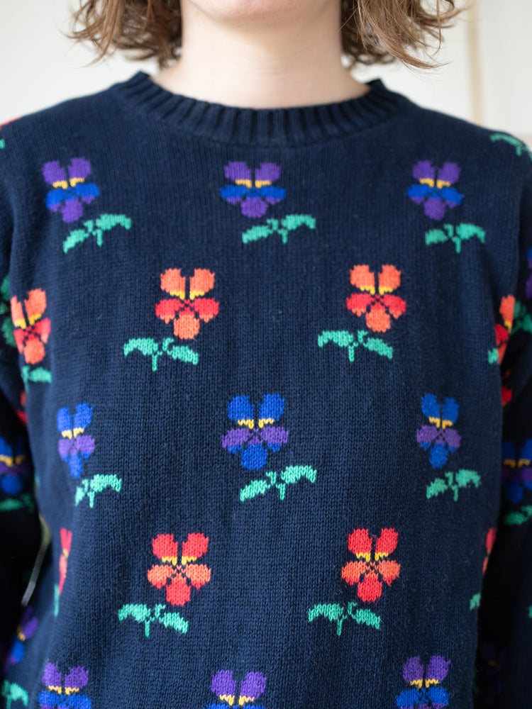 90s Tulchan Navy Pansy Cotton Jumper - S