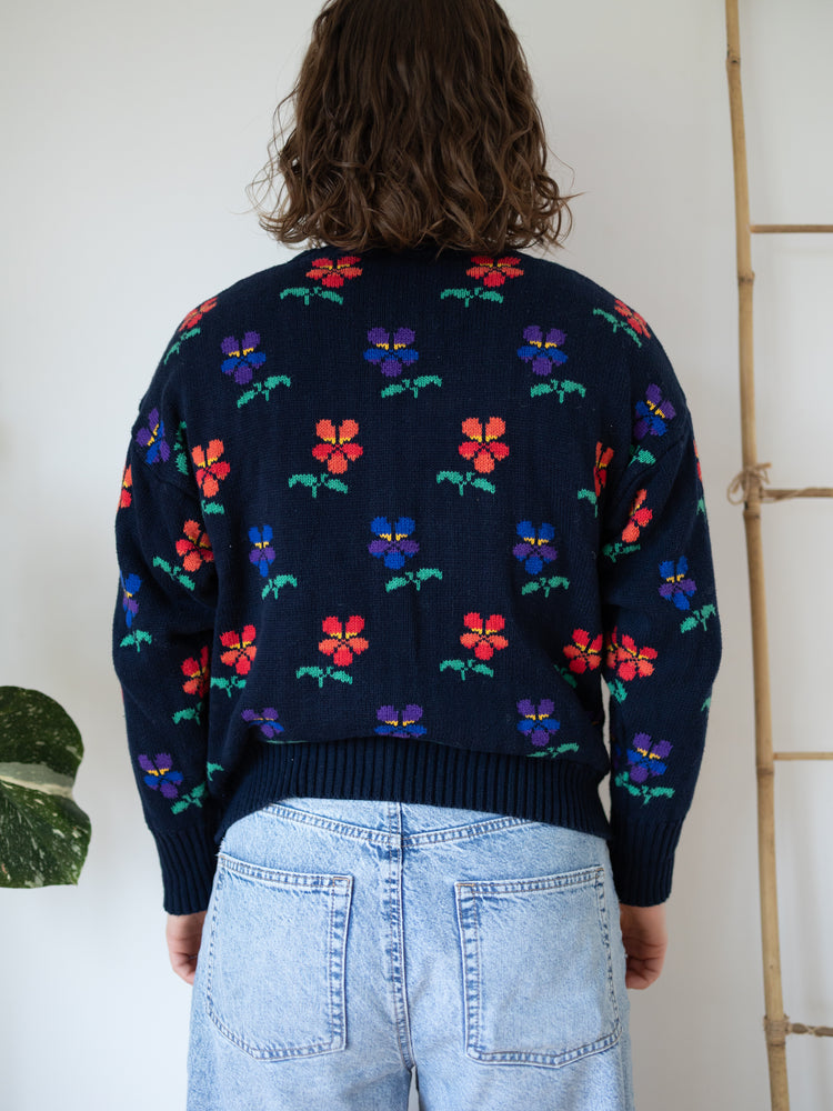 90s Tulchan Navy Pansy Cotton Jumper - S