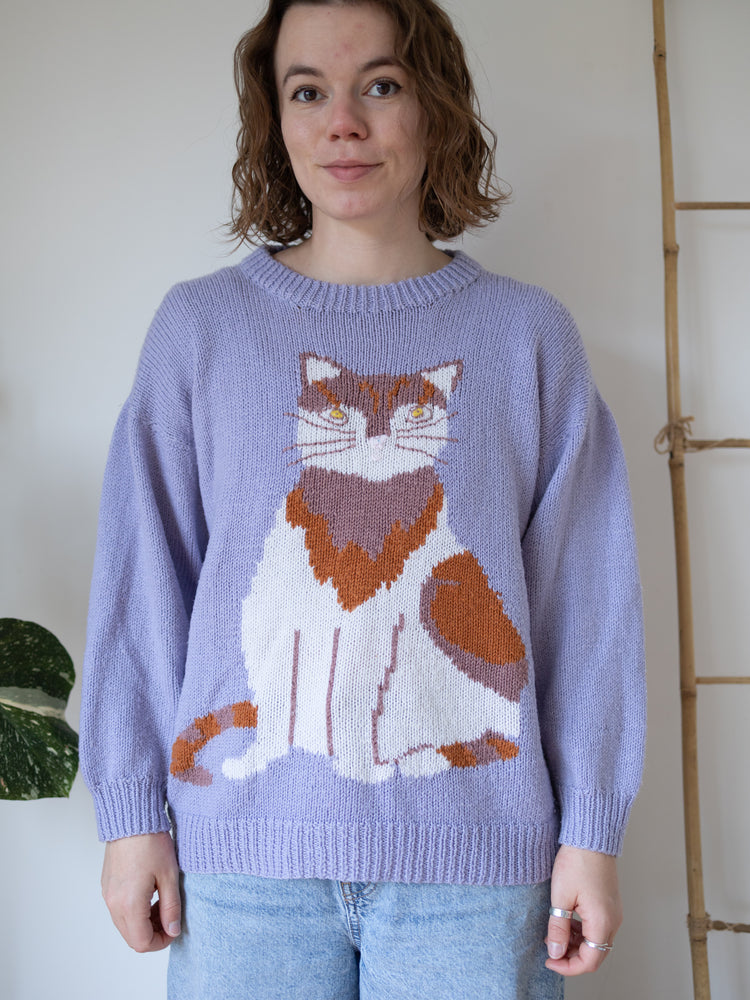 90s Hand Knitted Lilac Cat Jumper - M