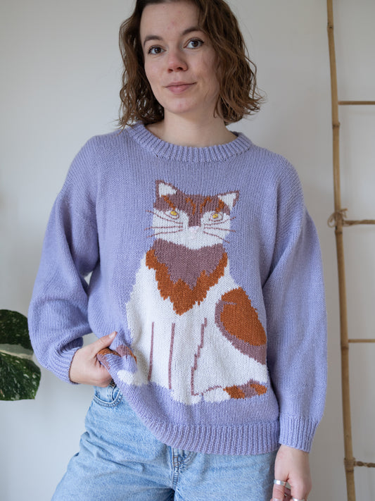 90s Hand Knitted Lilac Cat Jumper - M