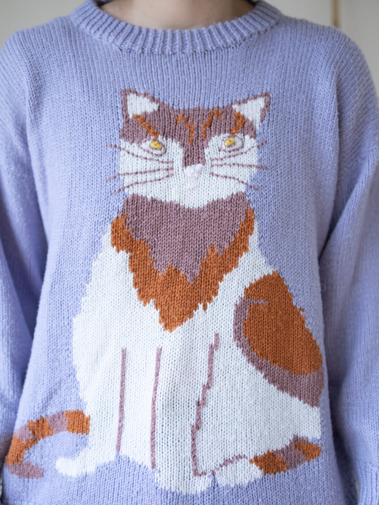90s Hand Knitted Lilac Cat Jumper - M