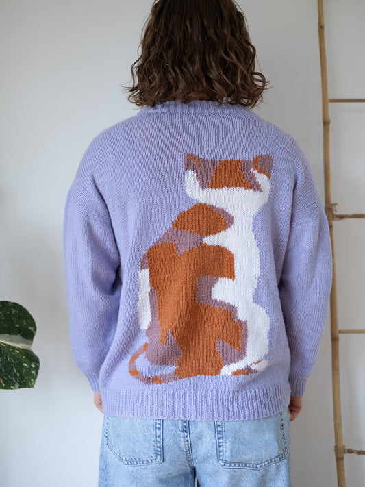 90s Hand Knitted Lilac Cat Jumper - M