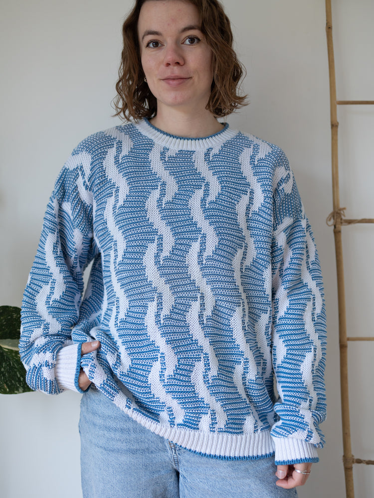 80s Blue Wavy Pattern Cotton Jumper - XL