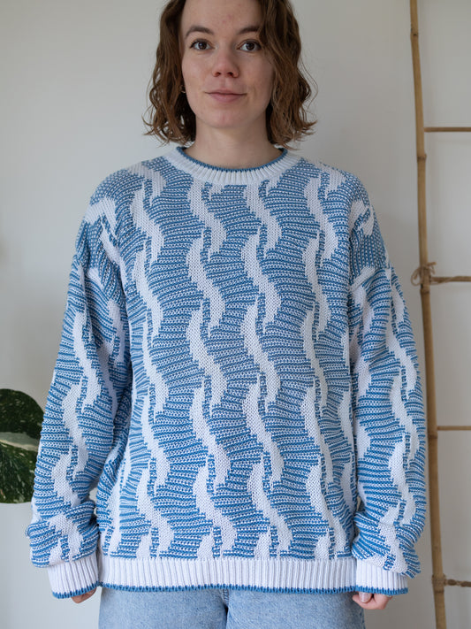 80s Blue Wavy Pattern Cotton Jumper - XL