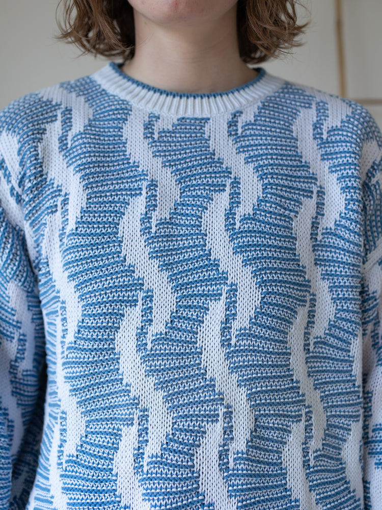 80s Blue Wavy Pattern Cotton Jumper - XL