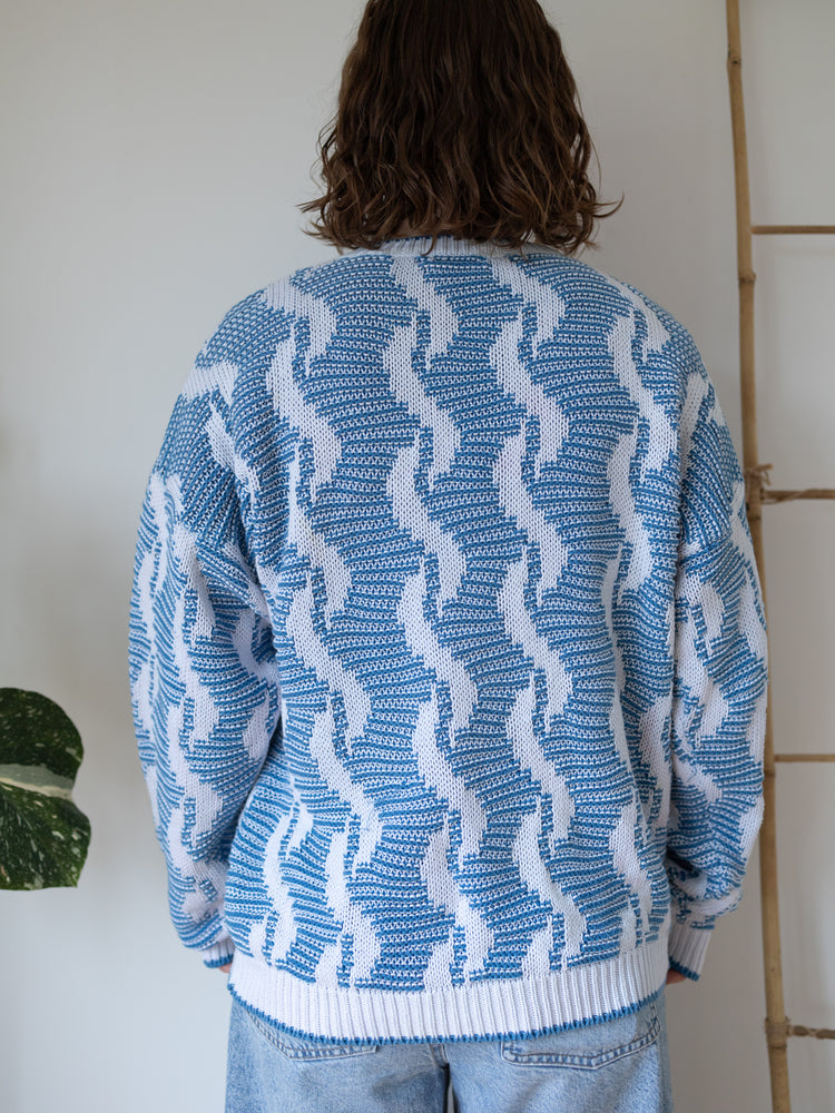 80s Blue Wavy Pattern Cotton Jumper - XL