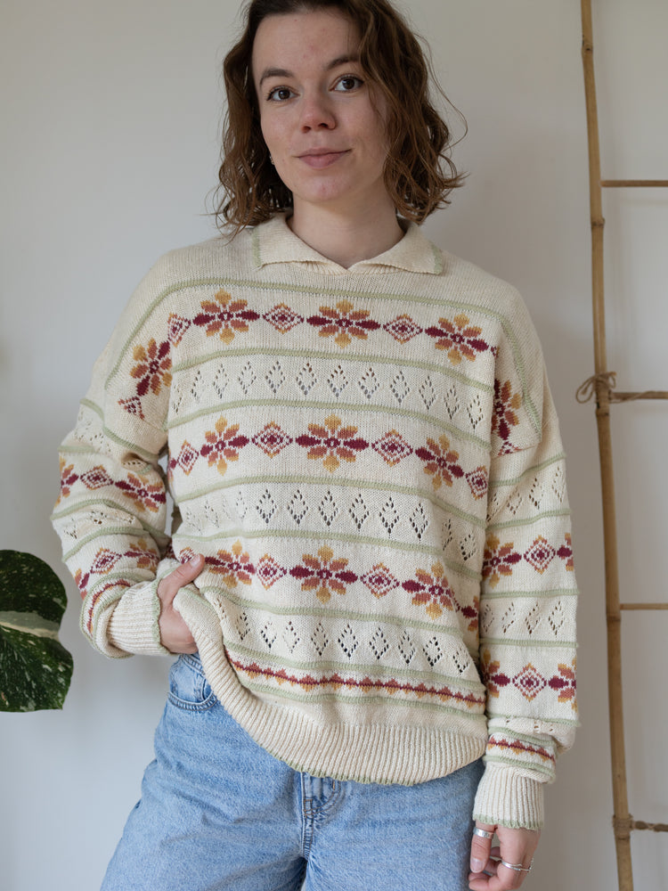 90s Acorn Collared Floral Cotton Jumper - M