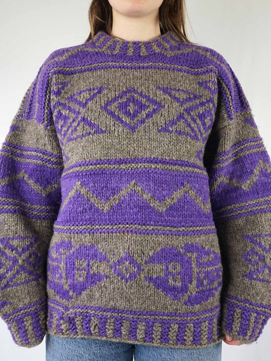 Purple Grey Chunky Wool Jumper - XL